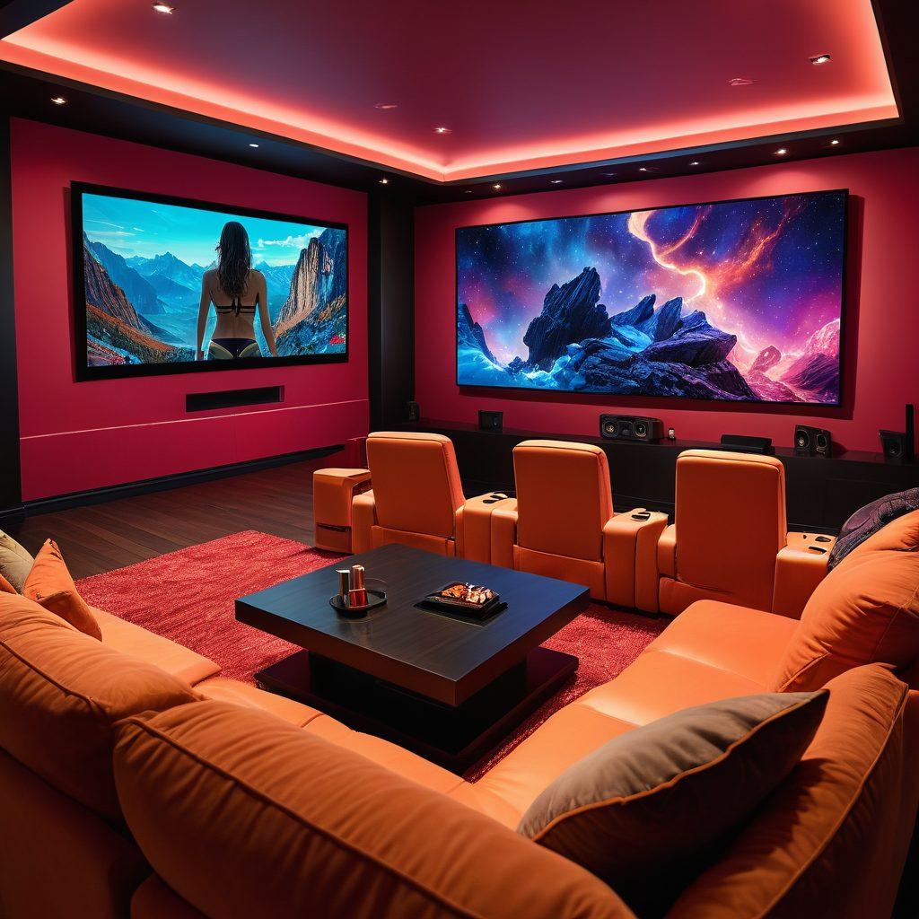 A captivating collage depicting a vibrant, modern home theater setup with high-definition screens showcasing dynamic adult video scenes. Include elements like plush seating, ambient lighting, and a slew of diverse viewers engaged in the experience. The atmosphere should radiate excitement and intimacy, highlighting the transformation in adult video consumption. Use bold and immersive colors for an electric feel. super-realistic. vibrant colors. 3D.